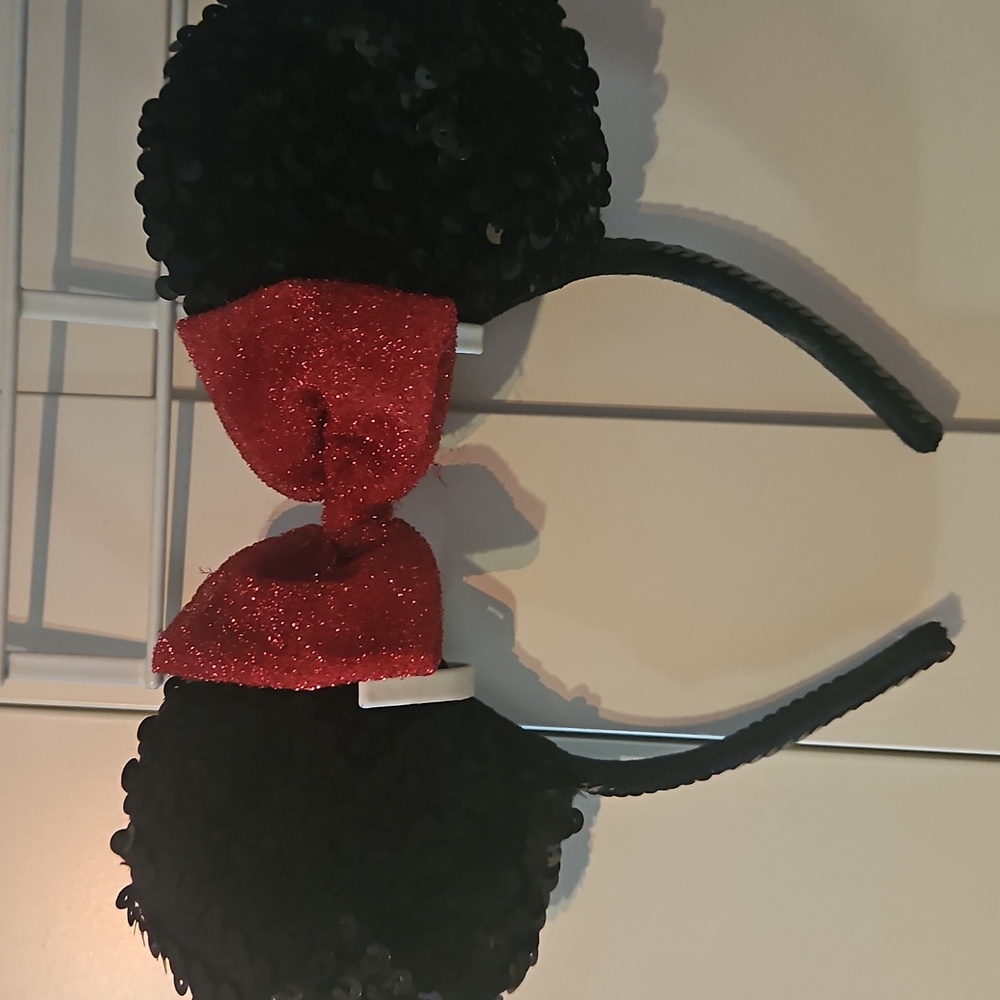 Disney Minnie Ears Sequin Black and Red Bow Kids Headband